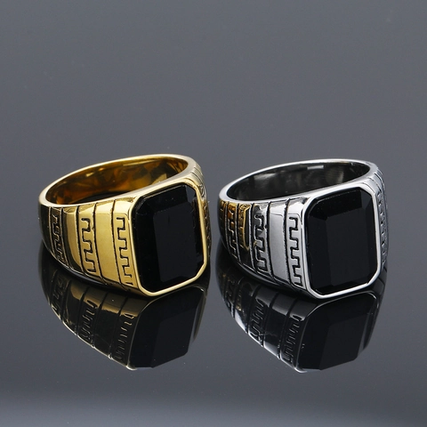 Herren Titanstahl Ring Rechteckiger Schwarzer Zirkonia Griechischer Mäander Muster Vintage Punk Hip Hop Siegelring Schmuck