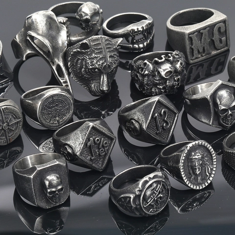 Vintage Punk Biker Stainless Steel Skull Compass Jesus Ring For Men Retro Hip Hop Gothic Animal Signet Band Ring Jewelry