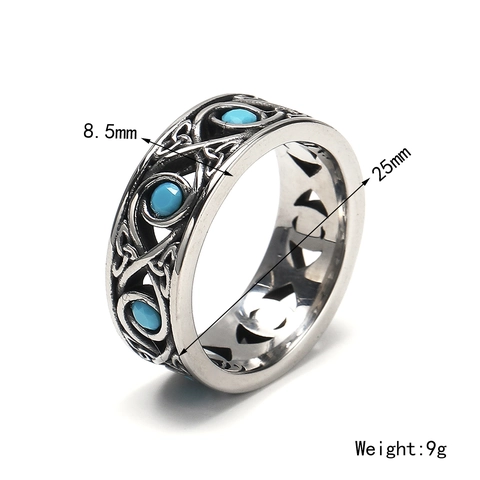 Vintage Titanium Steel Ring For Men Featuring Celtic Knot Hollow Design And Inlaid Turquoise Stone Retro Punk Jewelry
