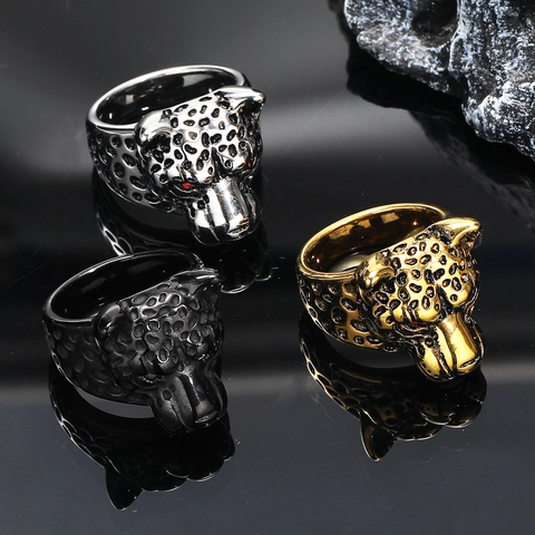 Leopard Head Ring Stainless Steel Red Gem Eye Punk Hip Hop Men Retro Animal Statement Jewelry