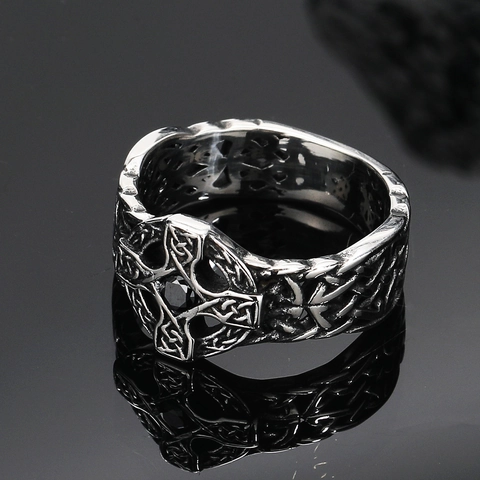 Vintage Titanium Steel Celtic Cross Ring For Men Black Zirconia Inlaid Gothic Punk Wide Band Ring Jewelry For Daily Party