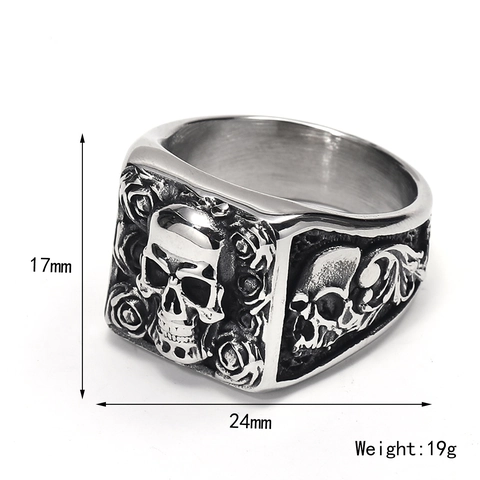 Retro Titanium Steel Skull Rose Ring Men Gothic Punk Hip Hop Jewelry Vintage Signet Band Ring Metallic Hand Accessory