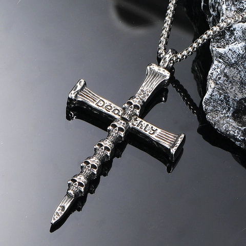 Collana con Ciondolo a Croce con Teschi Gotici Acciaio Inossidabile Argento Vintage Hip Hop Punk Stile Scuro Gioielli da Uomo