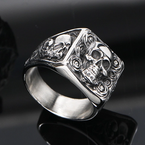Retro Titanium Steel Skull Rose Ring Men Gothic Punk Hip Hop Jewelry Vintage Signet Band Ring Metallic Hand Accessory