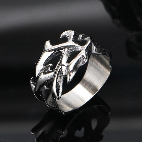 Men Stainless Steel Punk Thorns Ring Vintage Gothic Hollow Out Hip Hop Jewelry Retro Thistle Biker Finger Ring Accessory