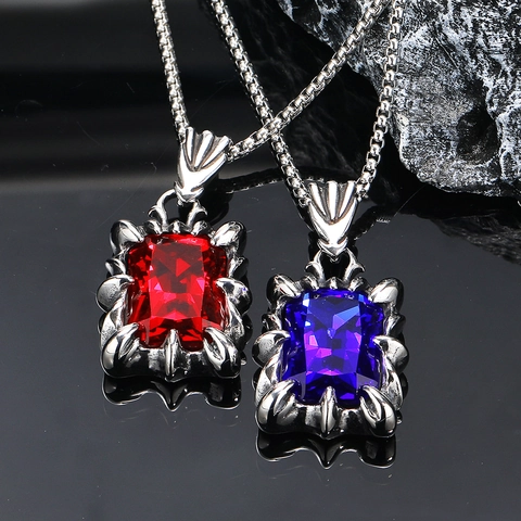 Vintage Gothic Dragon Claw Rhinestone Pendant Necklace Titanium Steel Punk Jewelry With Square Cut Stone For Men Women