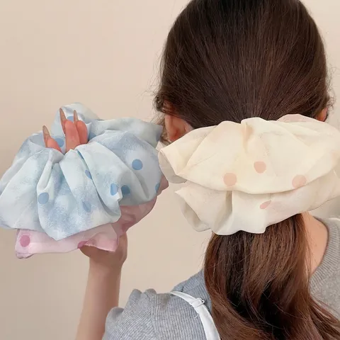 Korean Style Mesh Polka Dot Scrunchies For Women High Elasticity Large Ruched Hair Ties Sweet Fashion Hair Accessories