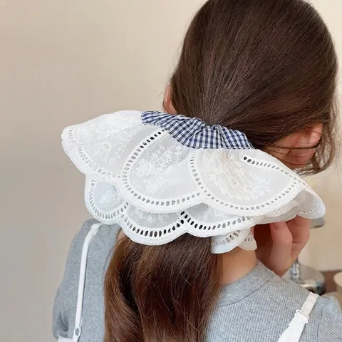 Übergroßes Weißes Spitze Kariertes Doppelschicht Haargummi Hoch Elastisch Pferdeschwanz Handmade Süß Haarschmuck Damen