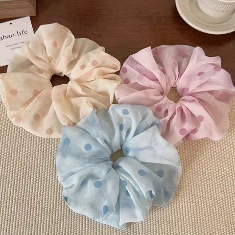 Korean Style Mesh Polka Dot Scrunchies For Women High Elasticity Large Ruched Hair Ties Sweet Fashion Hair Accessories