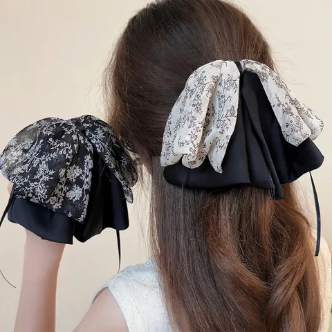 Elegant Large Mesh Bow Hair Clip For Women French Vintage Floral Streamer Shark Clip Sweet Ponytail Hair Claw Accessory
