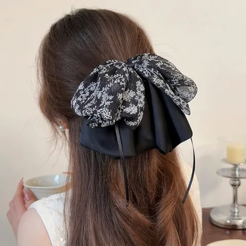 Elegant Large Mesh Bow Hair Clip For Women French Vintage Floral Streamer Shark Clip Sweet Ponytail Hair Claw Accessory