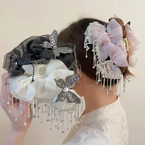 Pinza de Pelo con Lazo de Malla Estilo Coreano para Mujer Elegante Mariposa con Borla de Strass Accesorio de Pelo