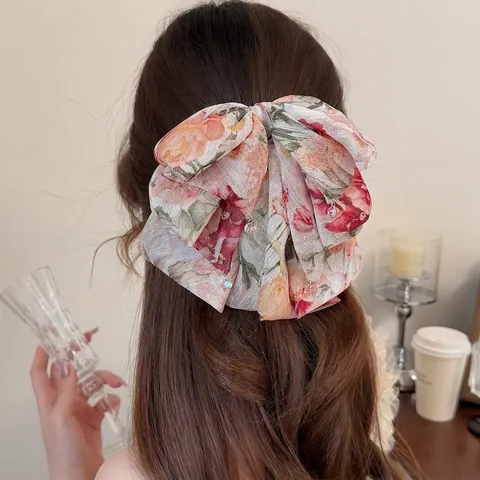 Fermaglio per Capelli Coda di Cavallo con Fiocco in Rete Floreale Francese Fatto a Mano Elegante Rosa Rosa Multistrato per Donna