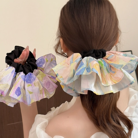 Grandi Scrunchies Pittura a Olio Floreale con Volant Elastici per Capelli Stile Coreano Fresca Stampa Fasce per Capelli Donna Accessori