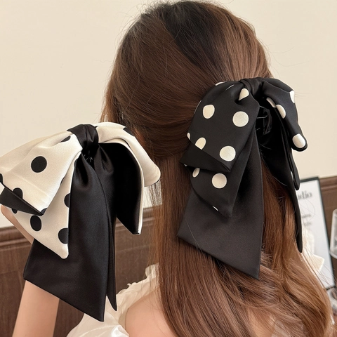 Pince a Capelli con Fiocco a Pois Grandi Stile Francese Clip per Coda di Cavallo in Raso Eleganti Accessori per Capelli Donna