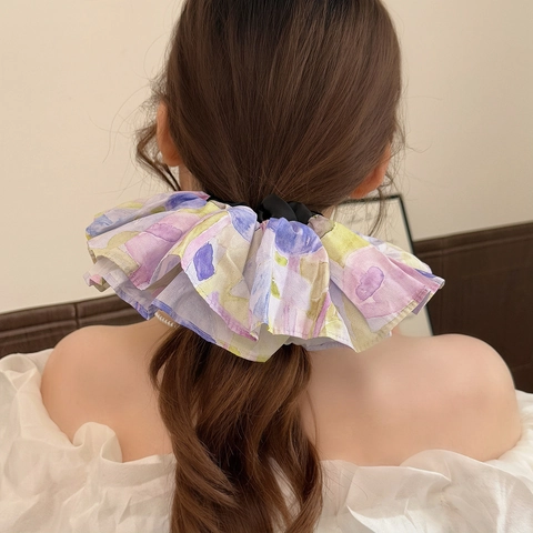 Grandi Scrunchies Pittura a Olio Floreale con Volant Elastici per Capelli Stile Coreano Fresca Stampa Fasce per Capelli Donna Accessori