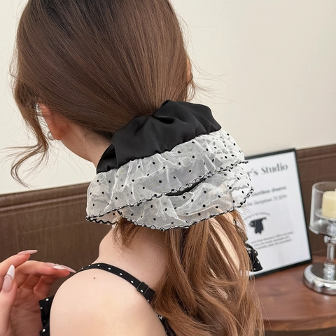 Grande Elastico per Capelli in Pizzo a Rete a Pois Doppio Strato con Volant Elastico per Capelli Bianco Nero Accessorio Moda Donna
