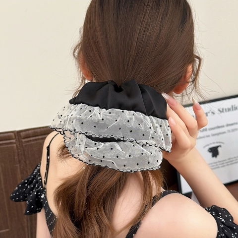 Grande Elastico per Capelli in Pizzo a Rete a Pois Doppio Strato con Volant Elastico per Capelli Bianco Nero Accessorio Moda Donna