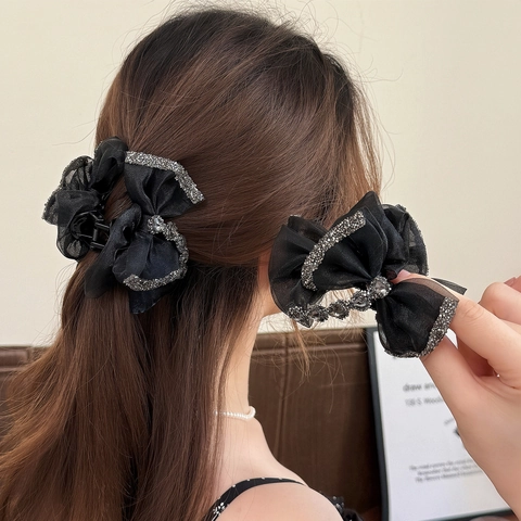 Élégante Pince à Cheveux Nœud en Organza Noir Pince Requin en Maille Romantique Douce pour Femmes Filles Accessoires de Coiffure