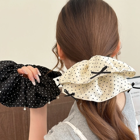Grande Elastico per Capelli a Pois Dolce Corda per Capelli Arricciata Con Perla Artificiale E Fiocco Decorazione in Tessuto Donna