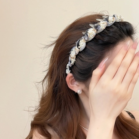 Squisito Cerchietto per Capelli Intrecciato in Tulle Fatto a Mano per Donna Denti Antiscivolo Fascia per Capelli in Tessuto Floreale Retro Francese Con Perle Artificiali Paillettes Punte Stile Punk Accessori Moda