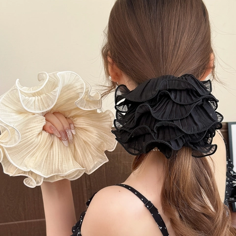 Large Pleated Mesh Hair Scrunchies For Women Elegant Solid Color Ruffle Oversized Elastic Hair Ties Korean Style Hair Accessories