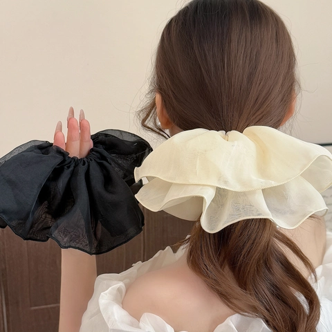 Korean Style Oversized Sheer Mesh Scrunchies Elegant Pleated Hair Ties Solid Color Organza Hair Rings For Women Hair Accessories