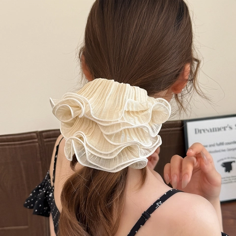 Large Pleated Mesh Hair Scrunchies For Women Elegant Solid Color Ruffle Oversized Elastic Hair Ties Korean Style Hair Accessories