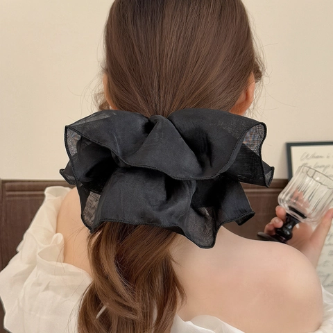 Korean Style Oversized Sheer Mesh Scrunchies Elegant Pleated Hair Ties Solid Color Organza Hair Rings For Women Hair Accessories