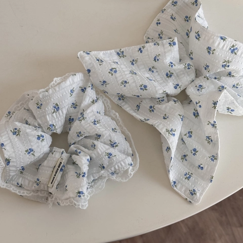 Scrunchie in Pizzo a Fiori Blu Vintage Stile Coreano Anello per Capelli in Tessuto per Donna Eleganti Elastici per Capelli