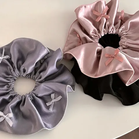Korean Ballet Style Satin Bow Large Scrunchie Metal Tag For Women Elastic Hair Band Sweet Ponytail Hair Accessories