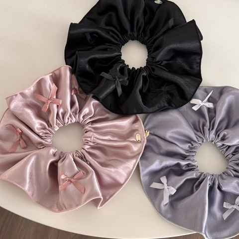 Korean Ballet Style Satin Bow Large Scrunchie Metal Tag For Women Elastic Hair Band Sweet Ponytail Hair Accessories