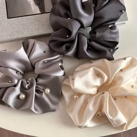 Französische Satin Scrunchies Mit Kunstperlen Metallnieten Elegante Vintage Übergroße Haargummi Pferdeschwanz Halter Damen Accessoires
