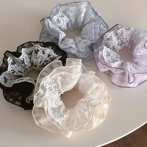Coleteros Bordados de Encaje de Doble Capa Vintage Lazos para el Cabello de Malla Floral Diademas Elásticas Grandes Mujer Moda Diaria