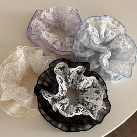 Coleteros Bordados de Encaje de Doble Capa Vintage Lazos para el Cabello de Malla Floral Diademas Elásticas Grandes Mujer Moda Diaria