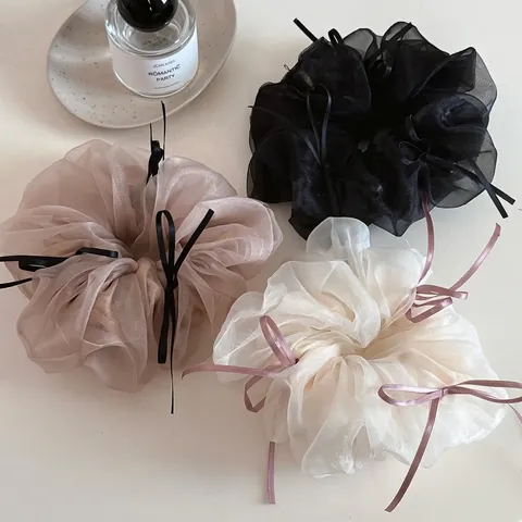 Chouchou en Organza Élégant Avec Nœud en Ruban pour Femmes Style Ballet Tissu en Maille Grand Accessoire de Coiffure Esthétique