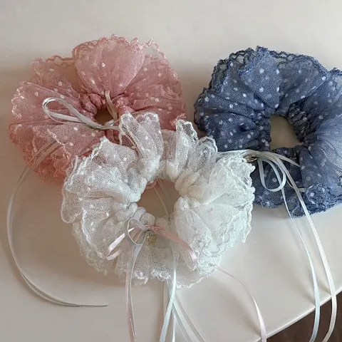 Lace Polka Dot Scrunchie With Long Ribbon Bow Mesh Hair Tie Heart Pendant Sweet Headwear For Women Girls Hair Accessories