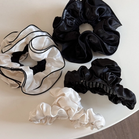 Elegant Pleated Satin Hair Claw Clip Large Hair Scrunchies Set For Women Handmade Black White Ruffled Hair Accessories