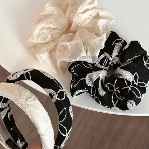 Neo Chinese Vintage Fabric Floral Embroidery Large Scrunchie Padded Sponge Headband Elegant Ponytail Holder Women Hair Accessories