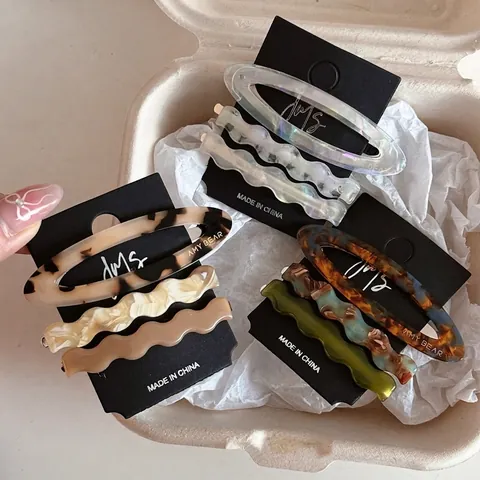 Barrette BB Ovale en Acétate et Pinces Bec de Canard à Vagues pour Femmes Ensemble de Barrettes Motif Écaille et Marbre