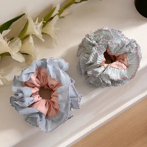 Γαλλικού Στυλ Μεγάλο Scrunchie Μπλε Ροζ Σύνδεση Πλισέ Λαστιχάκι Μαλλιών Γλυκιά Δαντέλα Χειροποίητα Υφασμάτινα Αξεσουάρ Γυναίκα