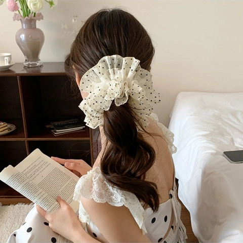 Scrunchie Oversize Beige a Pois Vintage Francese Dolce Elegante Grande Elastico per Capelli con Volant in Tessuto a Rete Portacoda Accessori