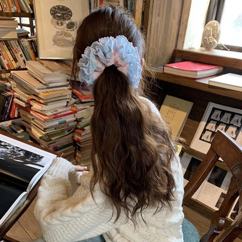 Γαλλικού Στυλ Μεγάλο Scrunchie Μπλε Ροζ Σύνδεση Πλισέ Λαστιχάκι Μαλλιών Γλυκιά Δαντέλα Χειροποίητα Υφασμάτινα Αξεσουάρ Γυναίκα