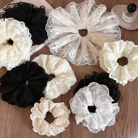 Vintage Large Lace Flower Embroidery Scrunchies Oversized Mesh Hair Ties Elegant Ruffle Hair Band Women Hair Accessories