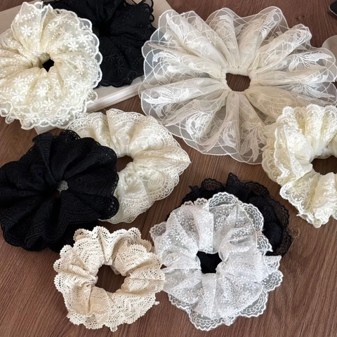 Vintage Large Lace Flower Embroidery Scrunchies Oversized Mesh Hair Ties Elegant Ruffle Hair Band Women Hair Accessories