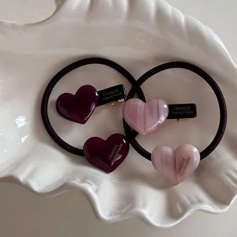 Ensemble Pince à Cheveux et Élastique Coeur Élégant Style Coréen Acétate de Cellulose Résine Fait à la Main Rose Violet Marbre Femme