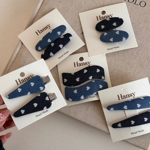 Süße Herzmuster Denim Stoff Haarspangen Für Damen Punktmuster Entenschnabel Clips Handgefertigt Mode Haarschmuck