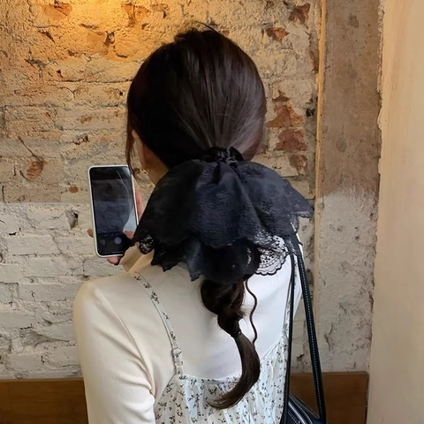 French Vintage Large Lace Scrunchie Elegant Floral Embroidery Hair Tie Oversized Ruffles Hair Rope Accessory For Women