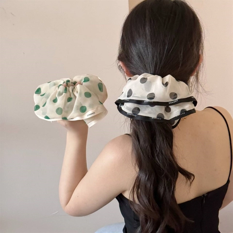 Elegante Chiffon Polka Dot Haargummi Für Damen Französischer Stil Haarrring Große Scrunchie Mit Buchstaben Band Haarschmuck