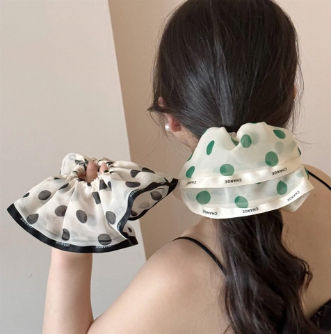 Elegante Chiffon Polka Dot Haargummi Für Damen Französischer Stil Haarrring Große Scrunchie Mit Buchstaben Band Haarschmuck